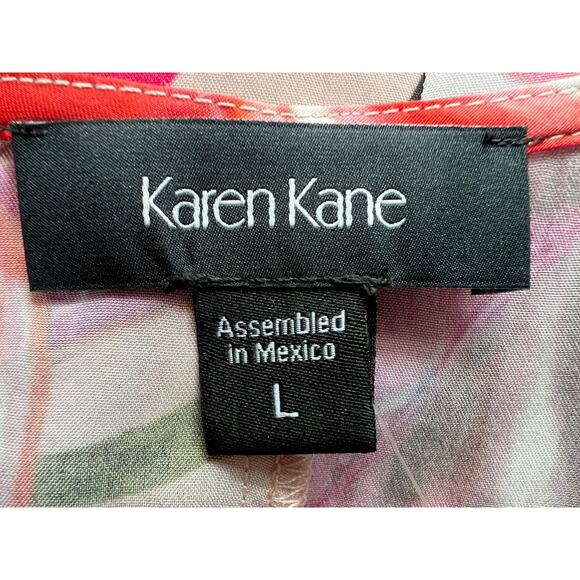 KAREN KANE TOP WOMENS SIZE LARGE TROPICAL PRINT FLARE HEM BLOUSE PINK NEW - Picture 3 of 13